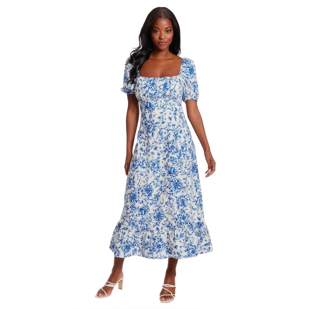 London Times Puff Sleeve Smocked Back Midi Dress Blue and White Size 12 NWT